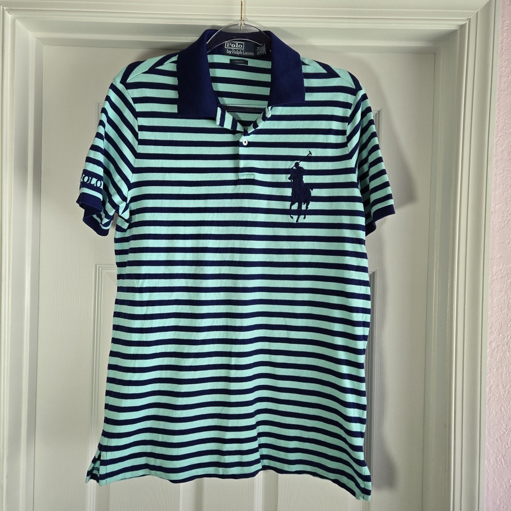 Polo Ralph Lauren Pro Fit Shirt Size M Big Pony Green And‎ Blue Stripes Cotton